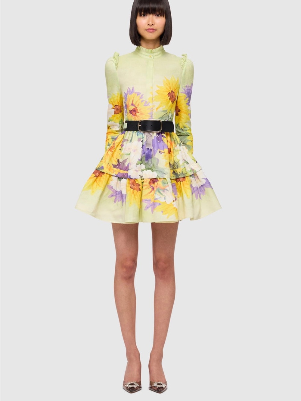 LEO LIN Sunflower Linen Tiered Dress in Yellow & Purple Floral